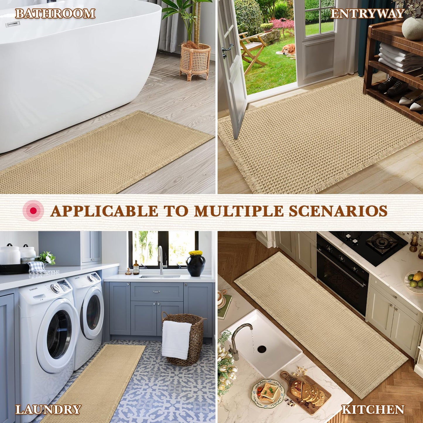 Waffle Bath Mat, Modern Woven Absorbent Non Slip Bathroom Rugs, Machine Washable Bath Rugs, Quick-Drying Bathroom Mats, Boho Tassel Style Suitable For Bathroom Floor, Brown, 24"X17"+36"X24"+48"X24"