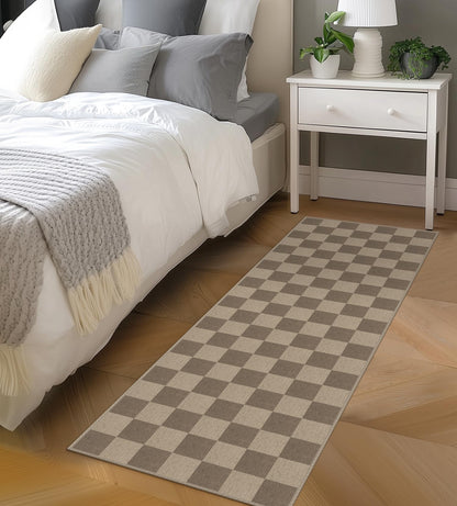 Rugalia Easy Jute Checkered Runner Rug, 2x6 Brown Modern Washable Rugs Runner for Hallway Non-Slip Kitchen Runner Rug, Farmhouse Checkerboard Indoor Outdoor Carpet for Porch Laundry Entryway