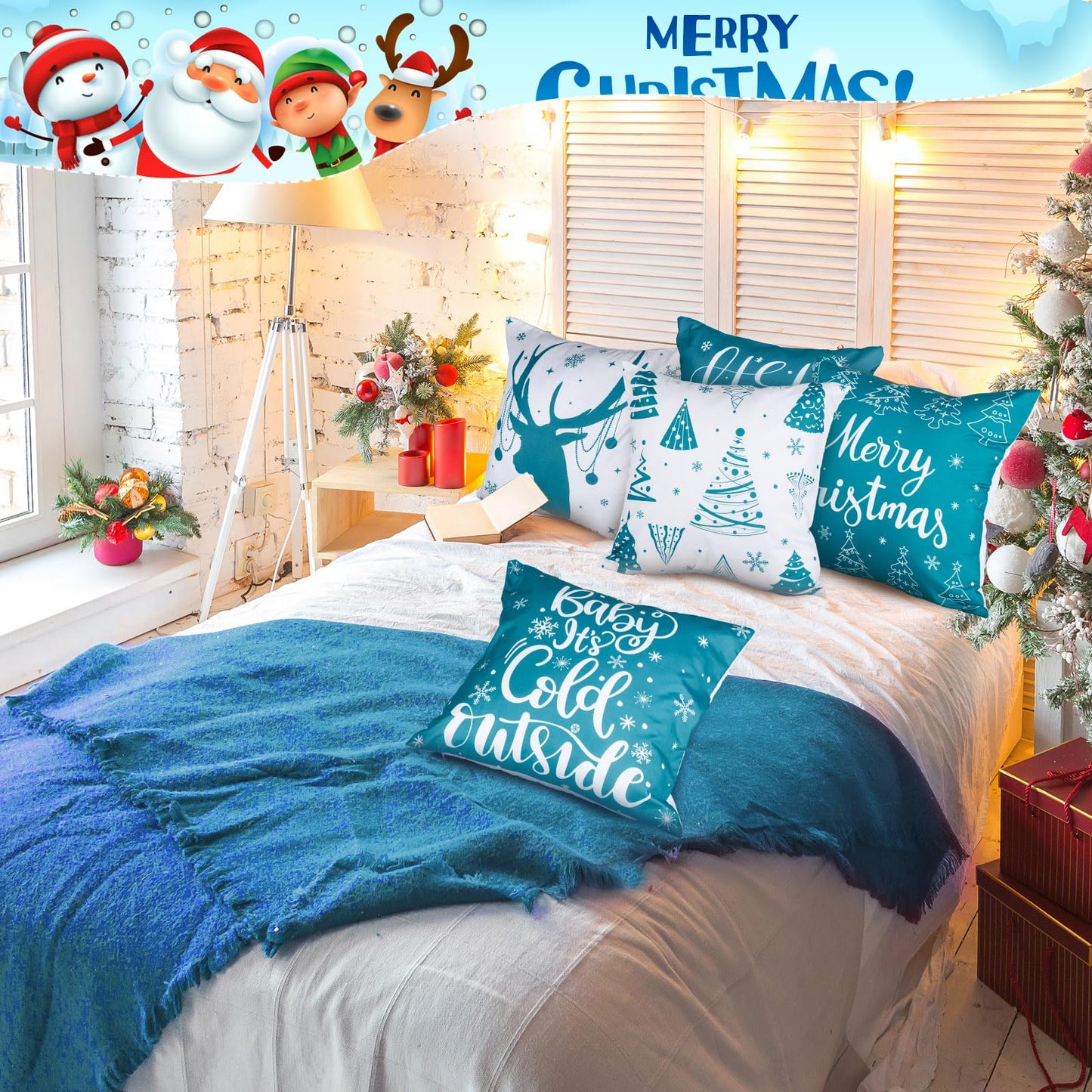 VitalCozy 6 Pcs 18 x 18 inch Christmas Throw Pillow Covers Xmas Cushion Covers Pillow Cases Snowflake Winter Throw Pillow Covers Christmas Decor for Bedroom Sofa Couch Cushion Square Home (Teal)