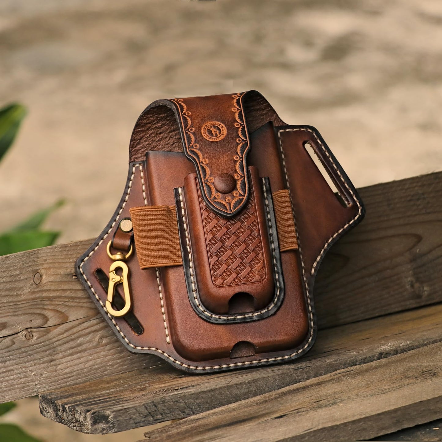 Tourbon Leather Cell Phone Holster Pouch Case Tool Multitool Sheath Flashlight Slot Holder & Keychain Clip with Magnetic Closure for Belt (Brown)