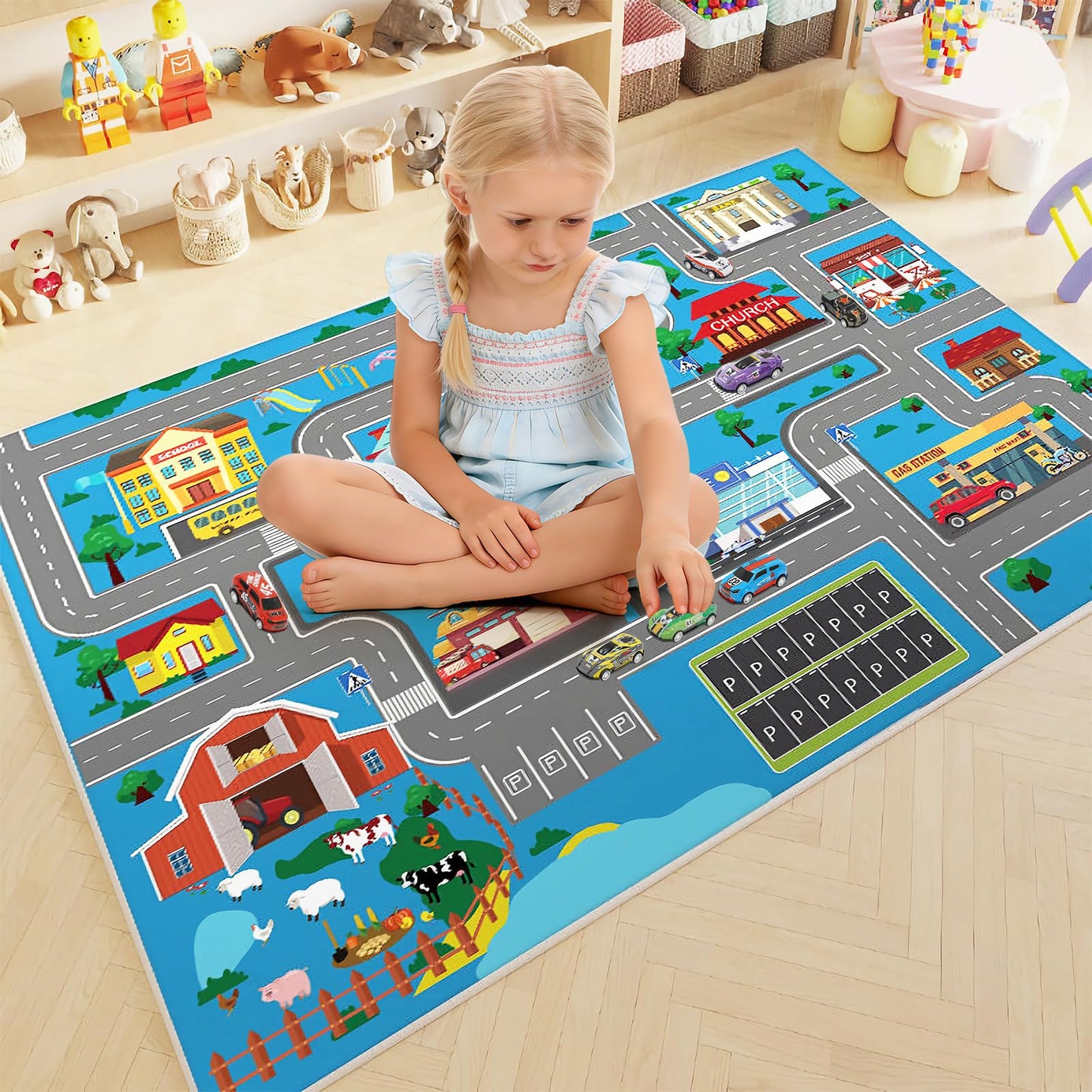 Kids Carpet Playmat Rug: Kids Car Carpet Playmat Rug with 20 Cars Pull-Back Vehicle Set - Play Room, City Pretending Play, 62.9 X 31.4 Inch, Blue