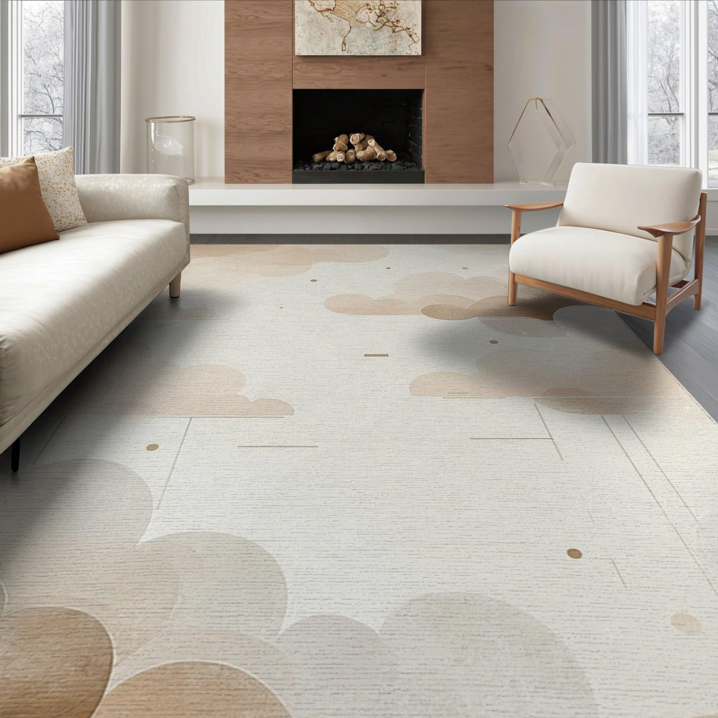 ODIKA 6'x9' Whispering Abstract Drift Forms Drifting Minimalist Border Floating Washable Area Rug for Dining Room, Under Table, Office, Non-Slip Chair-Friendly Floor