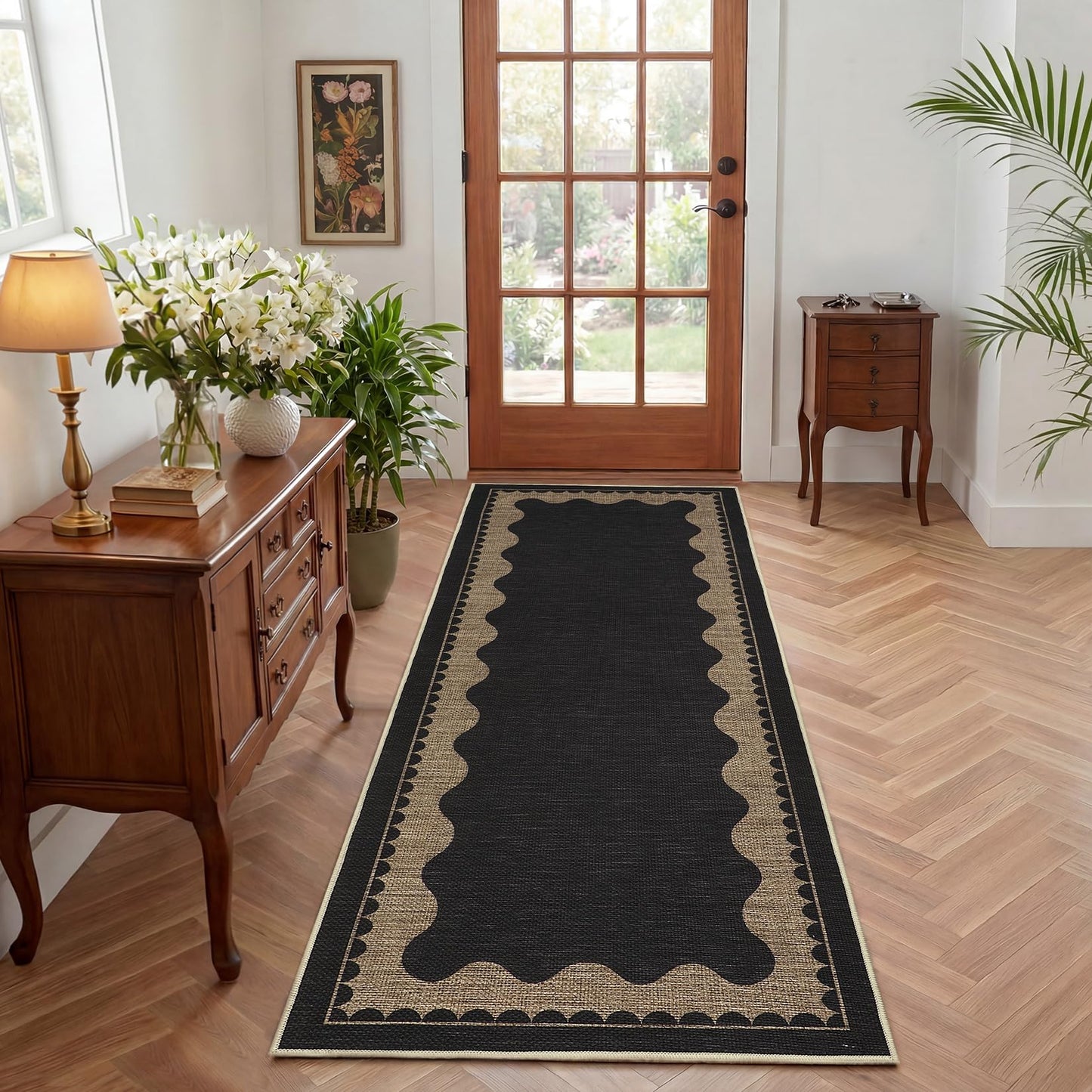 Garvee 2x6 Easy Jute Front Porch Rug, Neutral Scalloped Runner Rug with Non Slip Backing, Bordered Washable Rugs for Entryway, Stain Resistant Non Shedding Mats for Bedroom, Kitchen, Patio, Black