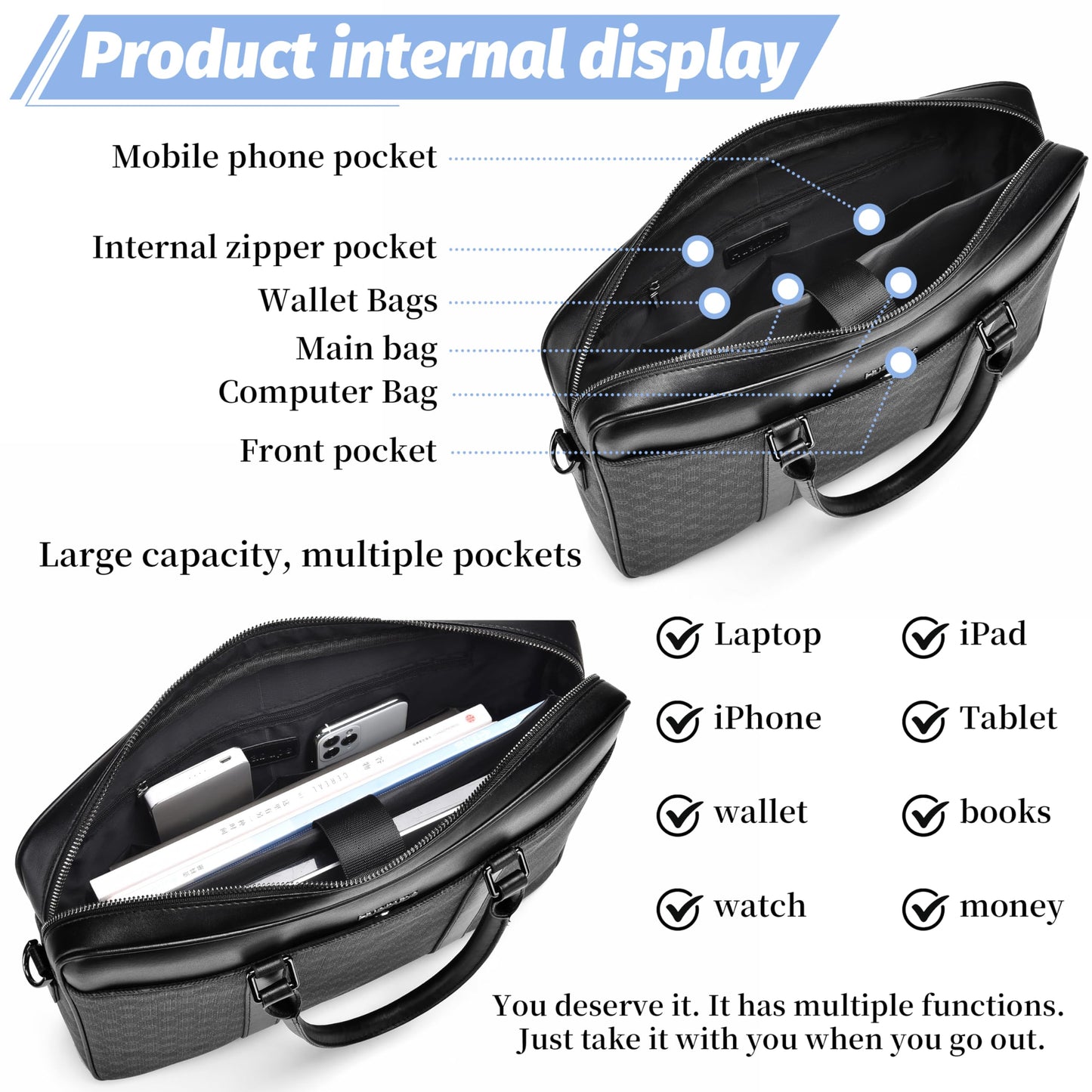 FSD. WG Business Bag Leather Messenger Bag Water Resistant Business Travel Briefcase Handbag Briefcase for Men