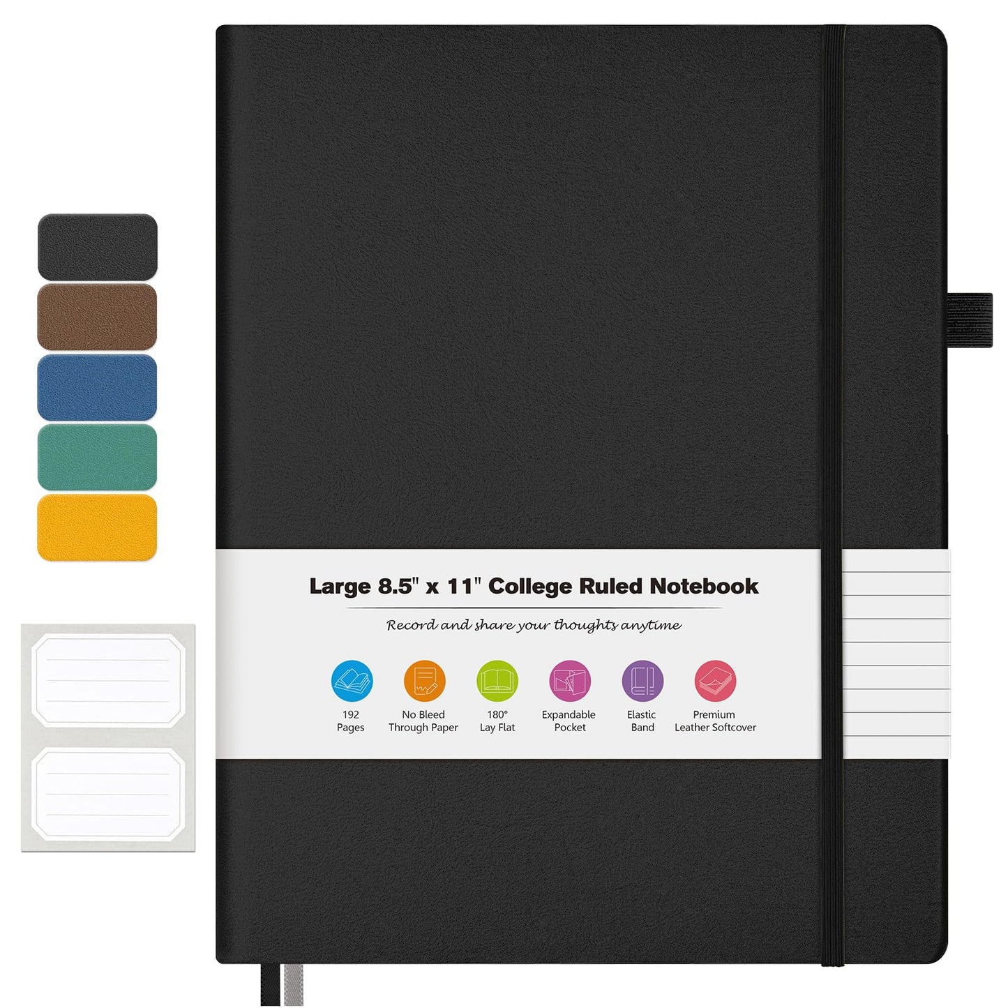 College Ruled Notebook, A4 Softcover Leather Notebook for Work, Lined Notebook Journal for Women, Men, 192 Thick Paper, Lay Flat, Large Notebook with 2 Pockets, Professional Business Notebook, Black