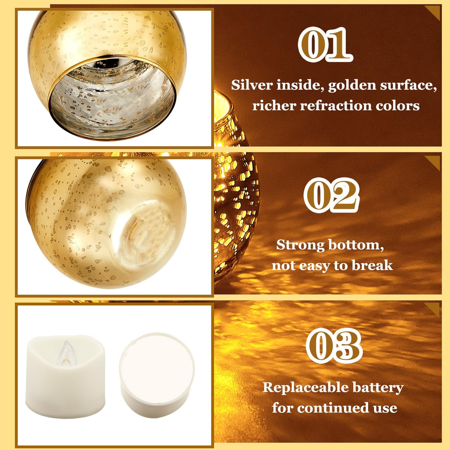 Rtteri 12 Set Votive Candle Holders Wedding Centerpiece Table Decorations Speckled Mercury Glass Votive Candle Holders with Tea Lights Birthday Party Decorations for Home (Gold)