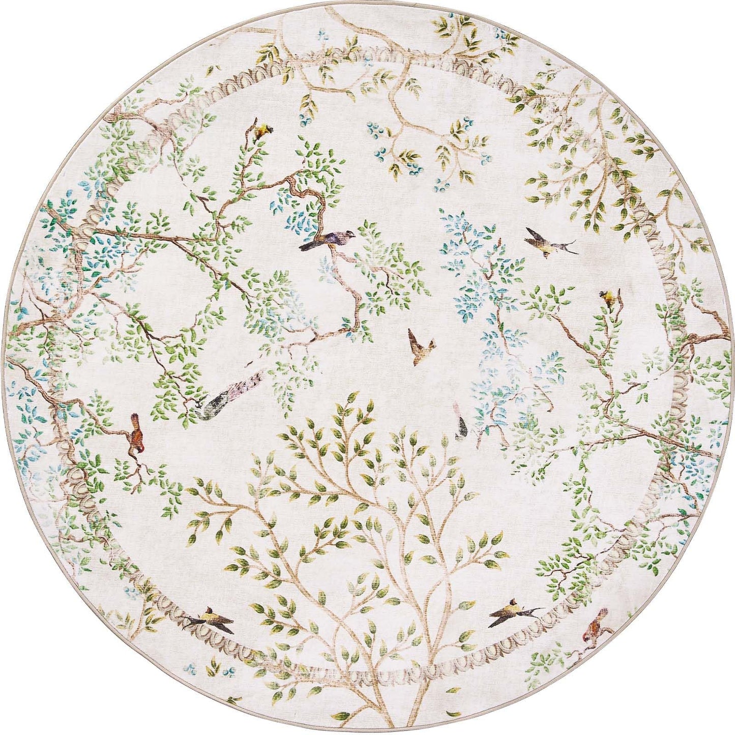 jinchan Yarden Round Rug 6ft, Vintage Distressed Botanical Birds Print Rug, Machine Washable Ultra Thin Low Pile Non Slip Area Rug, Ivory Circle Rug for Living Room Bedroom