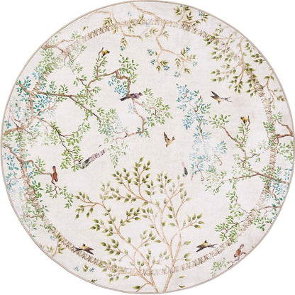 jinchan Yarden Round Rug 6ft, Vintage Distressed Botanical Birds Print Rug, Machine Washable Ultra Thin Low Pile Non Slip Area Rug, Ivory Circle Rug for Living Room Bedroom