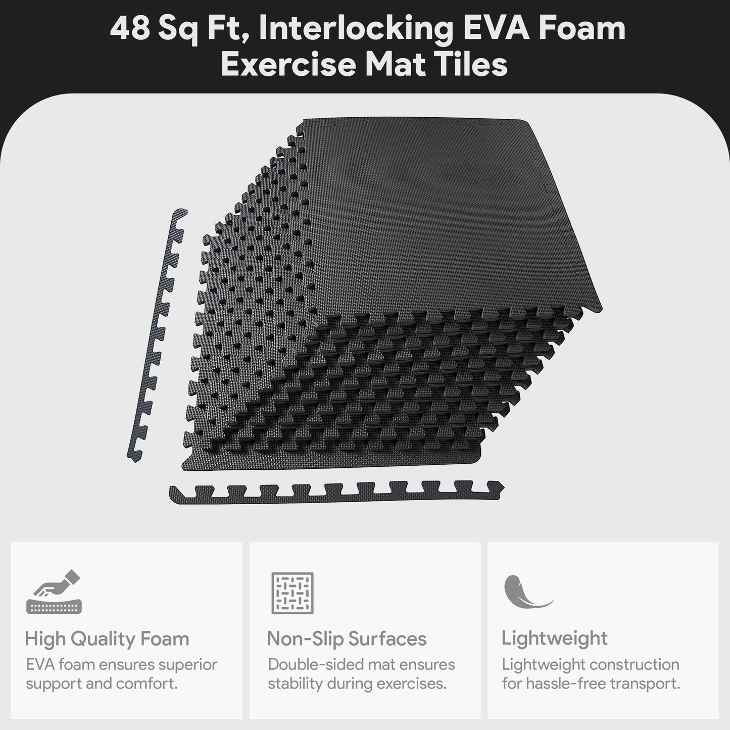 BalanceFrom Puzzle Exercise Mat 1/2" Thick, EVA Interlocking Foam Floor Tiles for Home Gym, Mat for Home Workout Equipment, Floor Padding for Kids, Black, 24 in x 24 in x 1/2 in, 48 Sq Ft - 12 Tiles