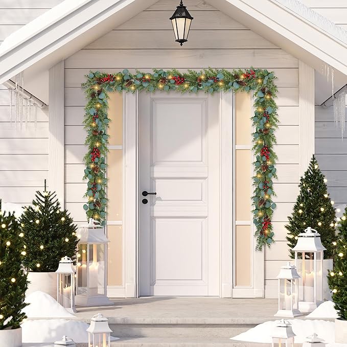 6ft Christmas Garland with Lights Artificial Cedar Cypress Garland with Pine Cones Garland for Home Fireplace Wall Indoor Outdoor Holiday Party Decoration