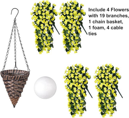 Artificial Faux Hanging Flowers Plants Baskets for Outdoor Outside, Fake Silk Yellow Orchid Trailing Vines in Planter Realistic UV Resistant for Balcony Porch Decor