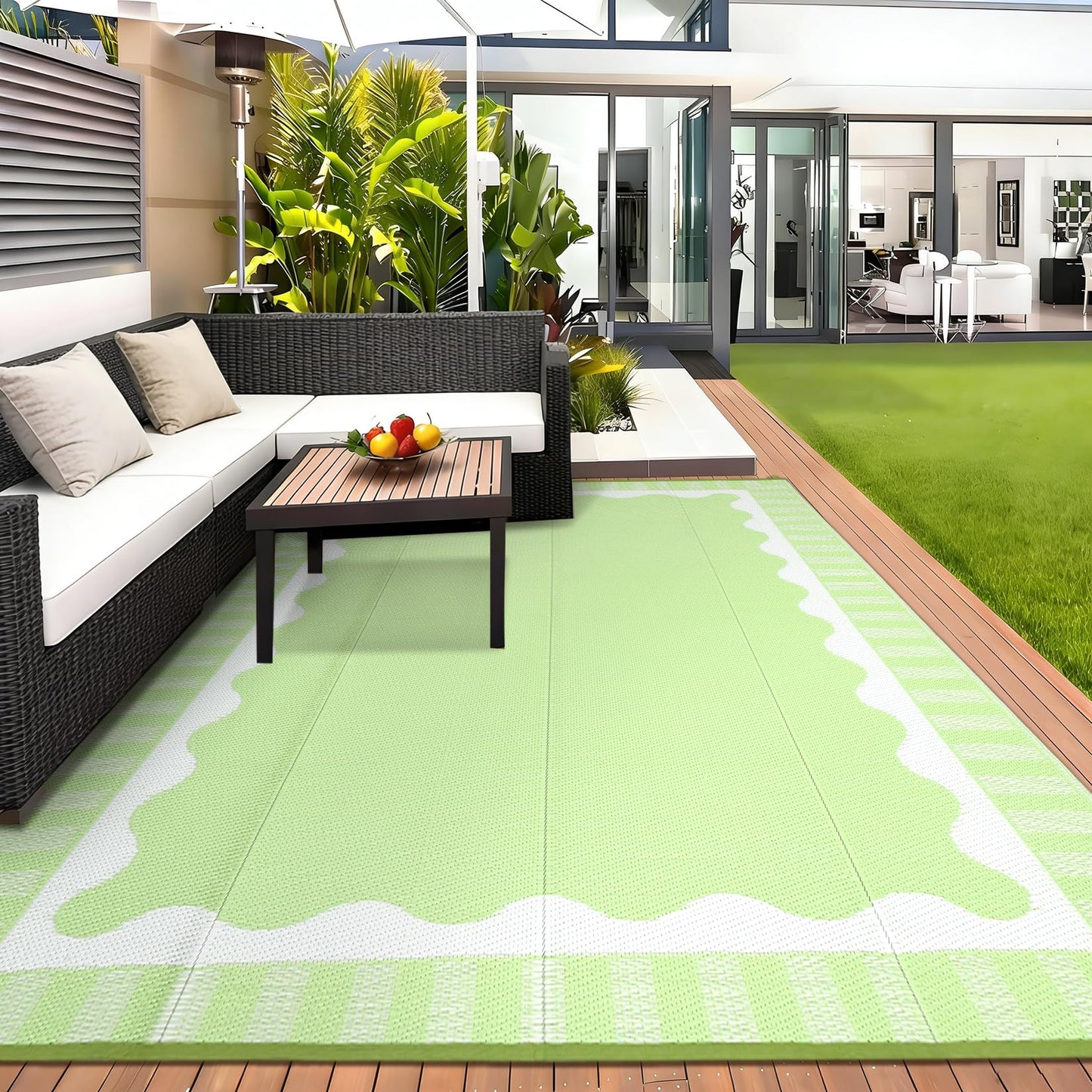MilleLoom Outdoor Rug 9x12 Modern Scalloped Border Area Rugs for Indoor and Outdoor Patios and Porches - Waterproof, Washable, Non-Shedding, Easy-to-Clean Outside Carpet，Green/White