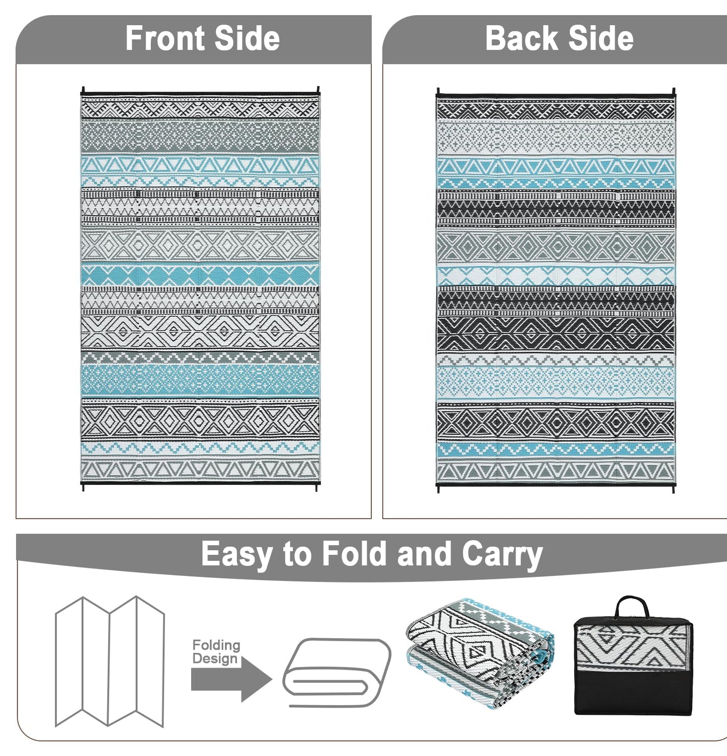 COZYLOOM Outdoor Rug Carpet Waterproof 9x12 ft Reversible Patio Rug Outside Plastic Carpet, Stain & UV Resistant Portable RV Mat Straw Rug for Camping, Backyard, Deck, Picnic, Porch, Blue/Grey