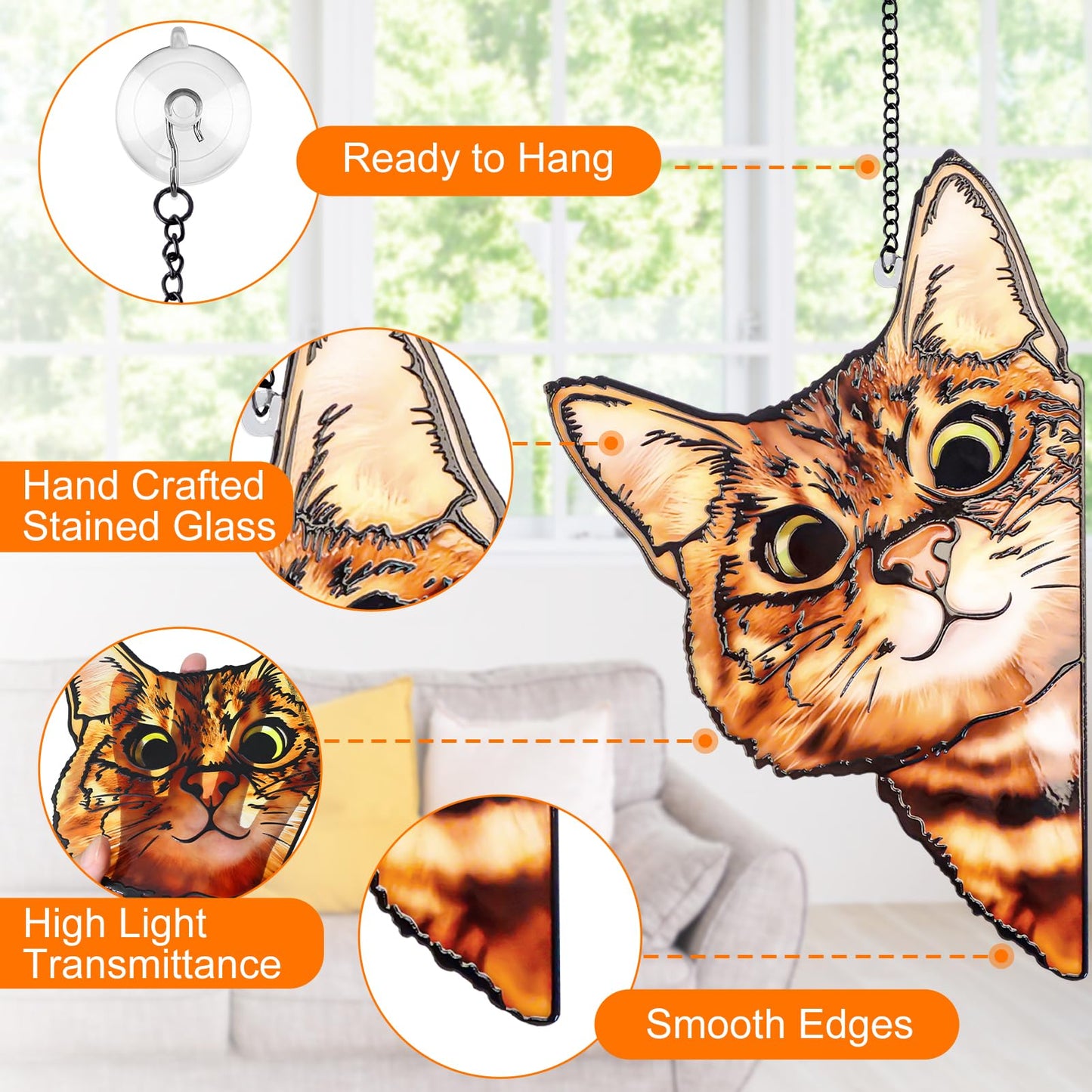 Remiawy Stained Glass Window Hanging, Funny Peeking Cat with Metal Chain and Hooks Window Indoor Decoration and Christmas, Mother's Day Birthday Pet Sympathy Gifts for Cat Lover