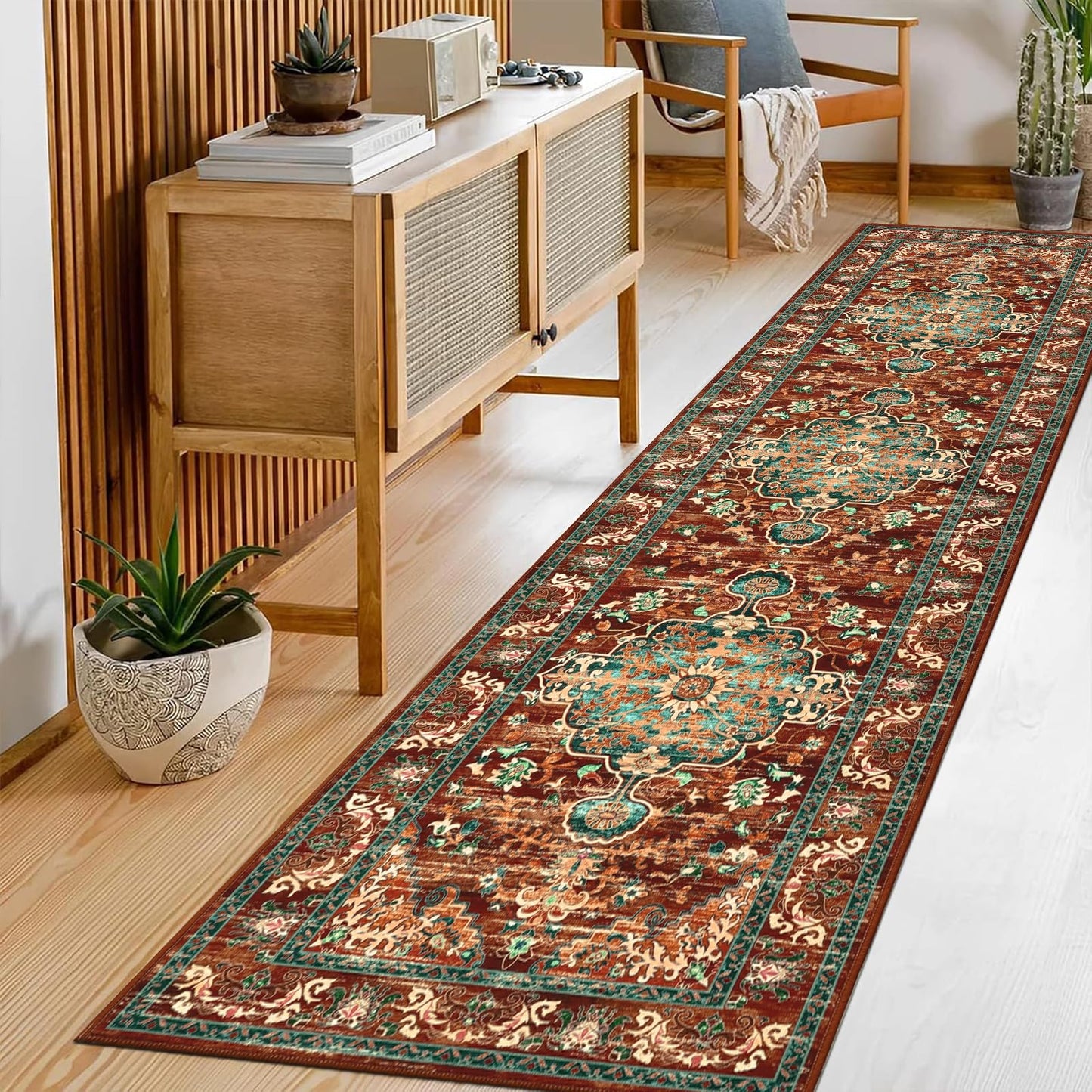 U'Artlines 2' x 8' Boho Hallway Runner Rug, Non Slip Washable Vintage Farmhouse Accent Area Rug Carpet for Kitchen Entryway Laundry and Living Room (Rust＆Teal)