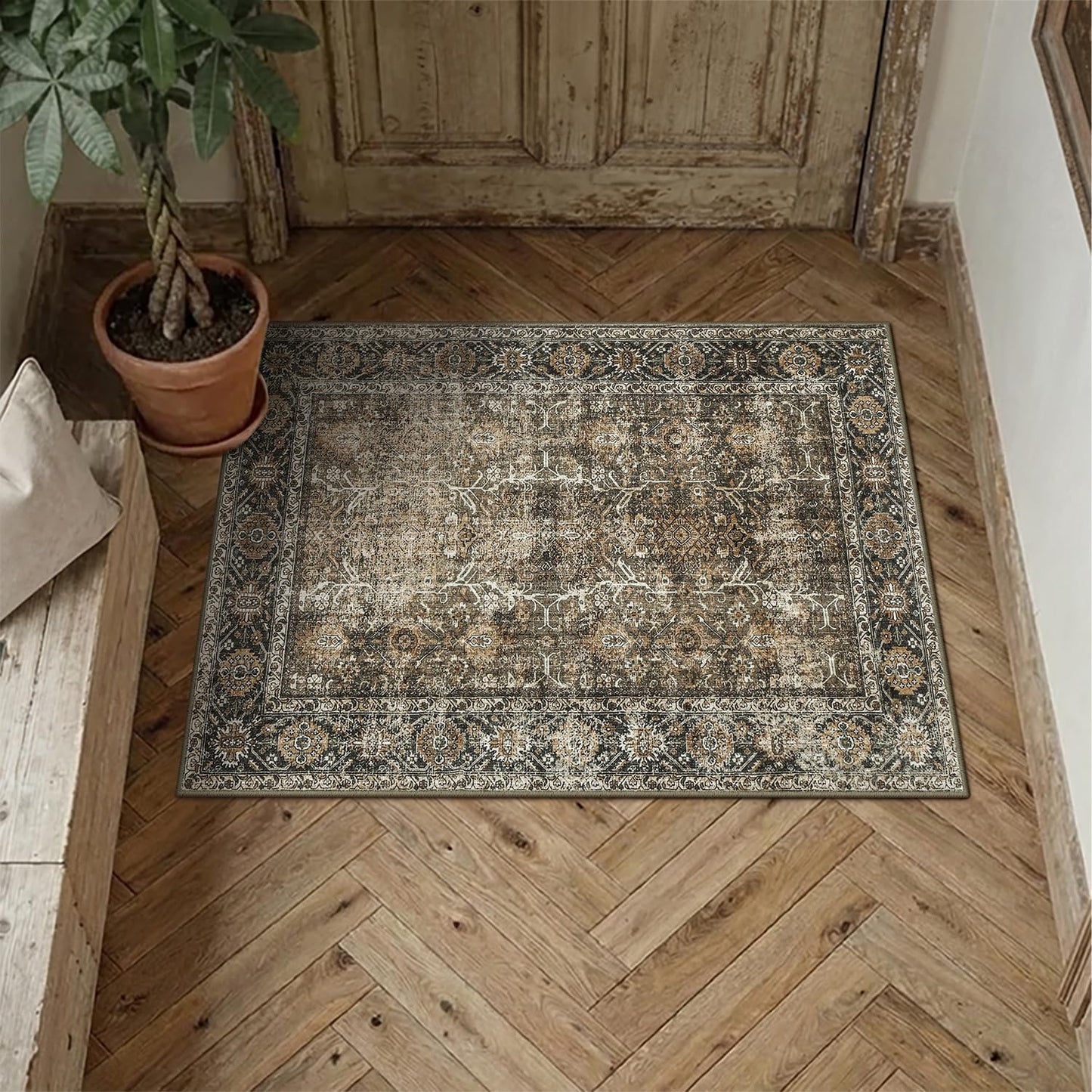 PureCozy Brown Entryway Rug 2x3 Vintage Area Carpet Indoor Kitchen Washable Door Mat Living Room Entrance Small Low Pile Traditional Distressed Retro Accent Throw Rug Non Slip Office Bathroom