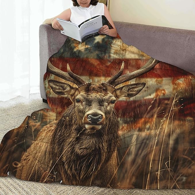 Blanket Vintage Deer Lightweight Soft Throw Blanket for Girls Teens Women, American Flag Fuzzy Blanket Home Room Decor 50x60 Inches
