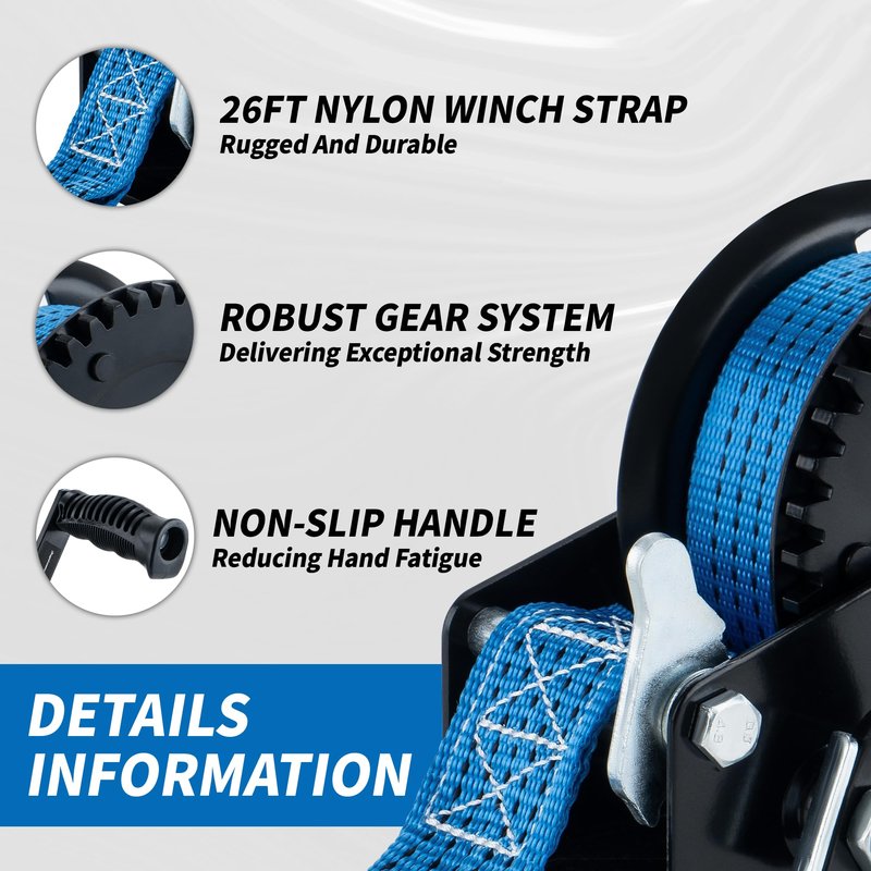 AC-DK 1600lbs Heavy Duty Boat Trailer Winch with 26FT Strap, 2-Way Ratchet & 4:1 Gear Trailer Winch, Portable Hand Crank Winch for Boat, Truck, Trailer, RV, ATV, Jet Ski