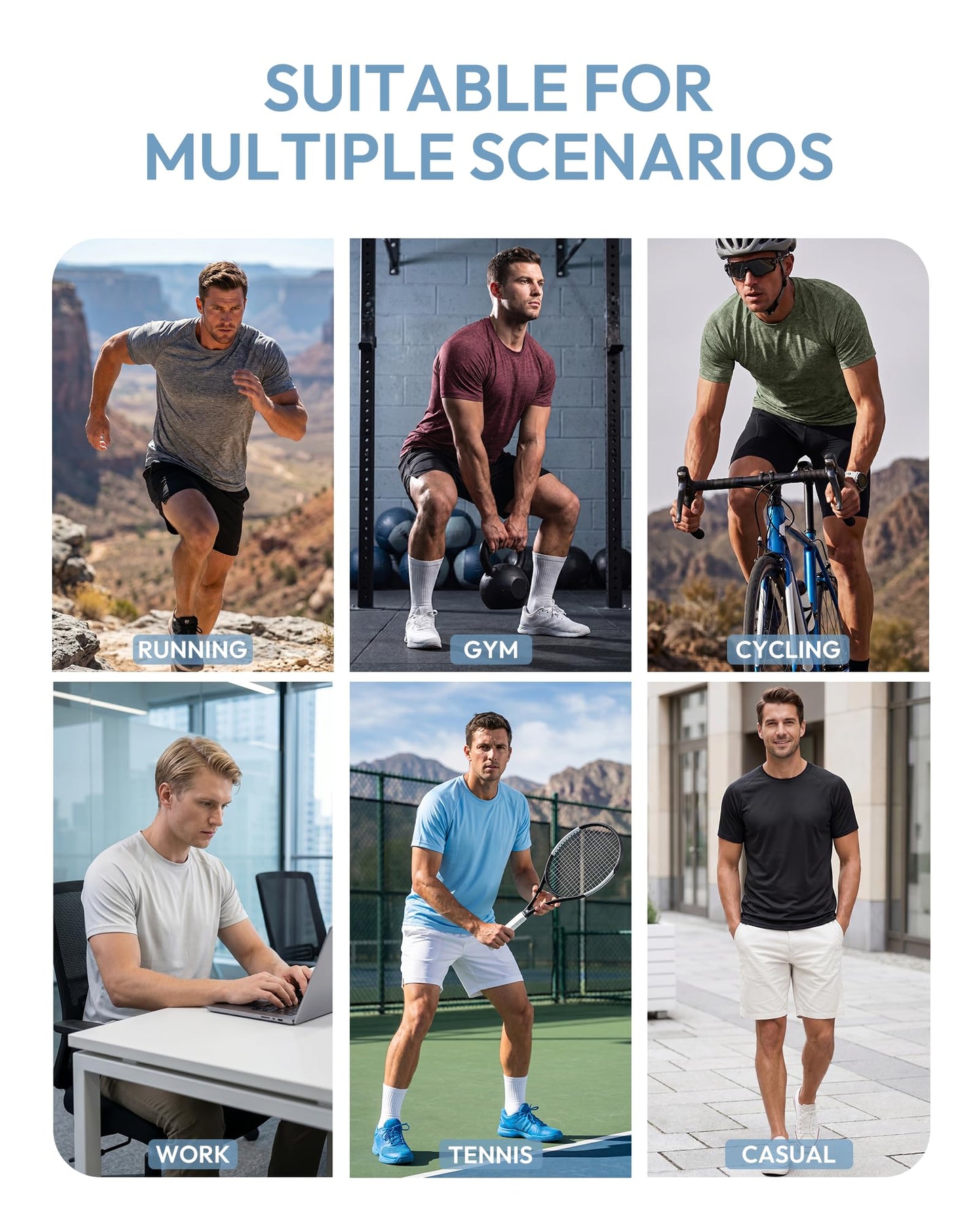 MCPORO Workout Shirts for Men Short Sleeve Quick Dry Athletic Gym Active T Shirt Moisture Wicking 5 Pack Black, Dark Grey, Light Grey, Dark Blue, Aqua Small