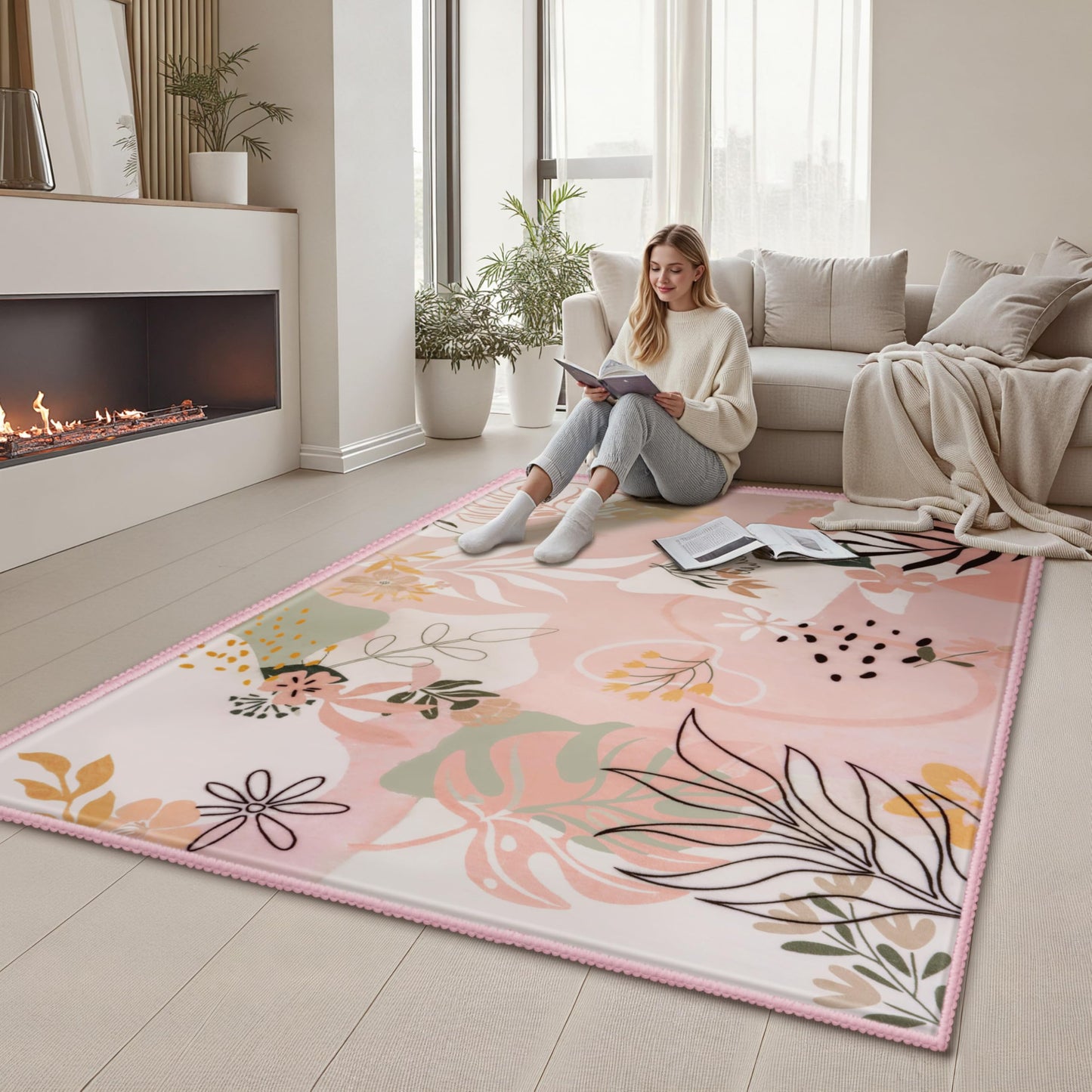 Joiedomi 5x7 Area Rugs for Living Room Non-Slip Washable Rug with Rubber Backing Large Soft Art Floral Carpet for Bedroom Kids Nursery Dining Room (Pink)