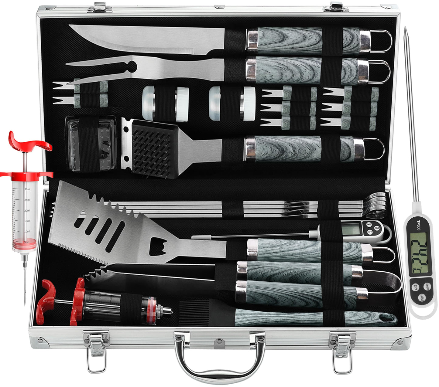 grilljoy 24PCS BBQ Grill Tools Set with Meat Thermometer and Injector - Extra Thick Stainless Steel Fork, Spatula& Tongs - Complete BBQ Accessories in - Perfect Grill Gifts for Father's Day
