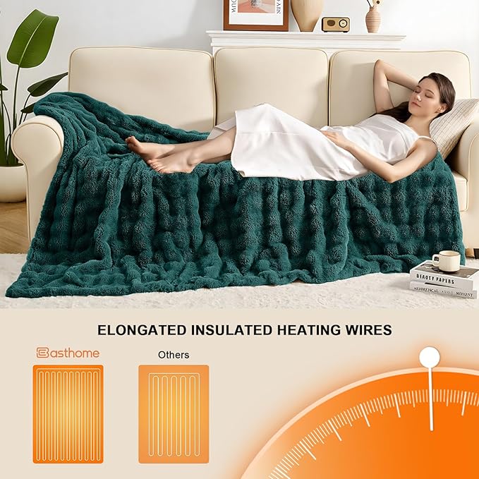 Heated Blanket Electric Throw Blanket 72''X 84''-Heating Blanket with 6 Heat Settings-10 Hours Auto Off,Cozy Faux Rabbit Fur Bubble Electric Blanket,Dark Green