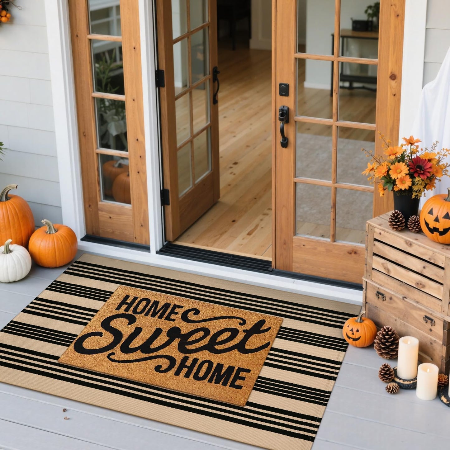 Sungea Striped Outdoor Front Door Mat 24"x51", Cotton Hand Woven Washable Black and Khaki Rug Runner, Reversible Foldable Indoor Layered Front Door Rugs for Entryway/Farmhouse/Home Entrance