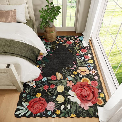 Washable Rugs for Living Room: 6x9 Area Rugs for Bedroom Soft Ultra Thin Stain Resistant Non Slip Low Pile Lightweight Vintage Floral Carpet for Dining Room Decor (Black)