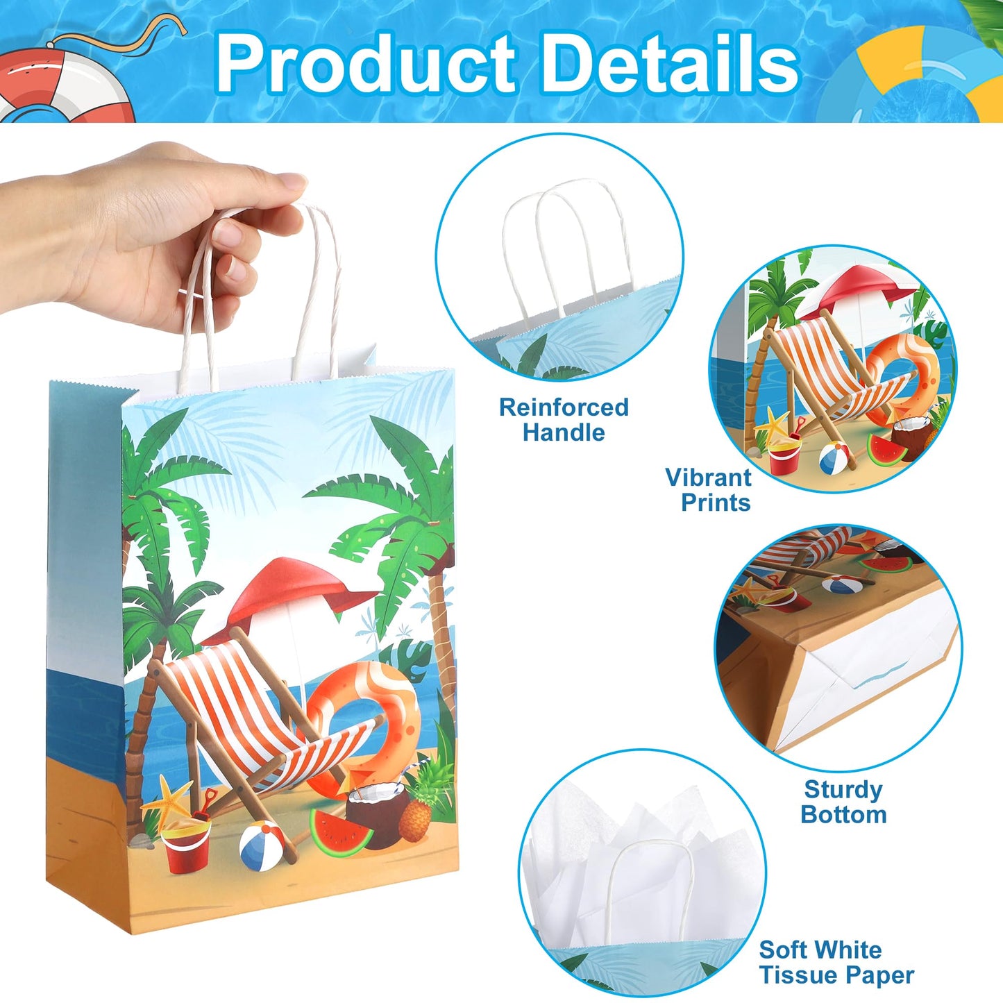 MIMIND Summer Beach Party Paper Bags with Tissue Paper 48 Pack Pool Kraft Goodie Candy Gift Treat Bags with Handles for Summer Luau Tropical Beach Party Favors Supplies