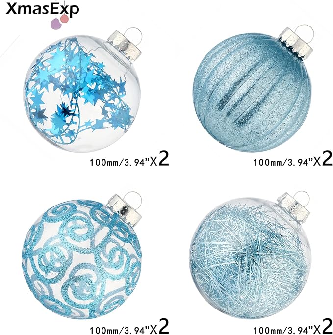 XmasExp 8ct Christmas Ball Ornaments Set -Large Clear Plastic Shatterproof Xmas Tree Ball Hanging Baubles Stuffed Delicate Glittering for Holiday Wedding Xmas Party Decoration (100mm/3.94",light blue)