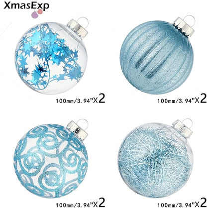 XmasExp 8ct Christmas Ball Ornaments Set -Large Clear Plastic Shatterproof Xmas Tree Ball Hanging Baubles Stuffed Delicate Glittering for Holiday Wedding Xmas Party Decoration (100mm/3.94",light blue)