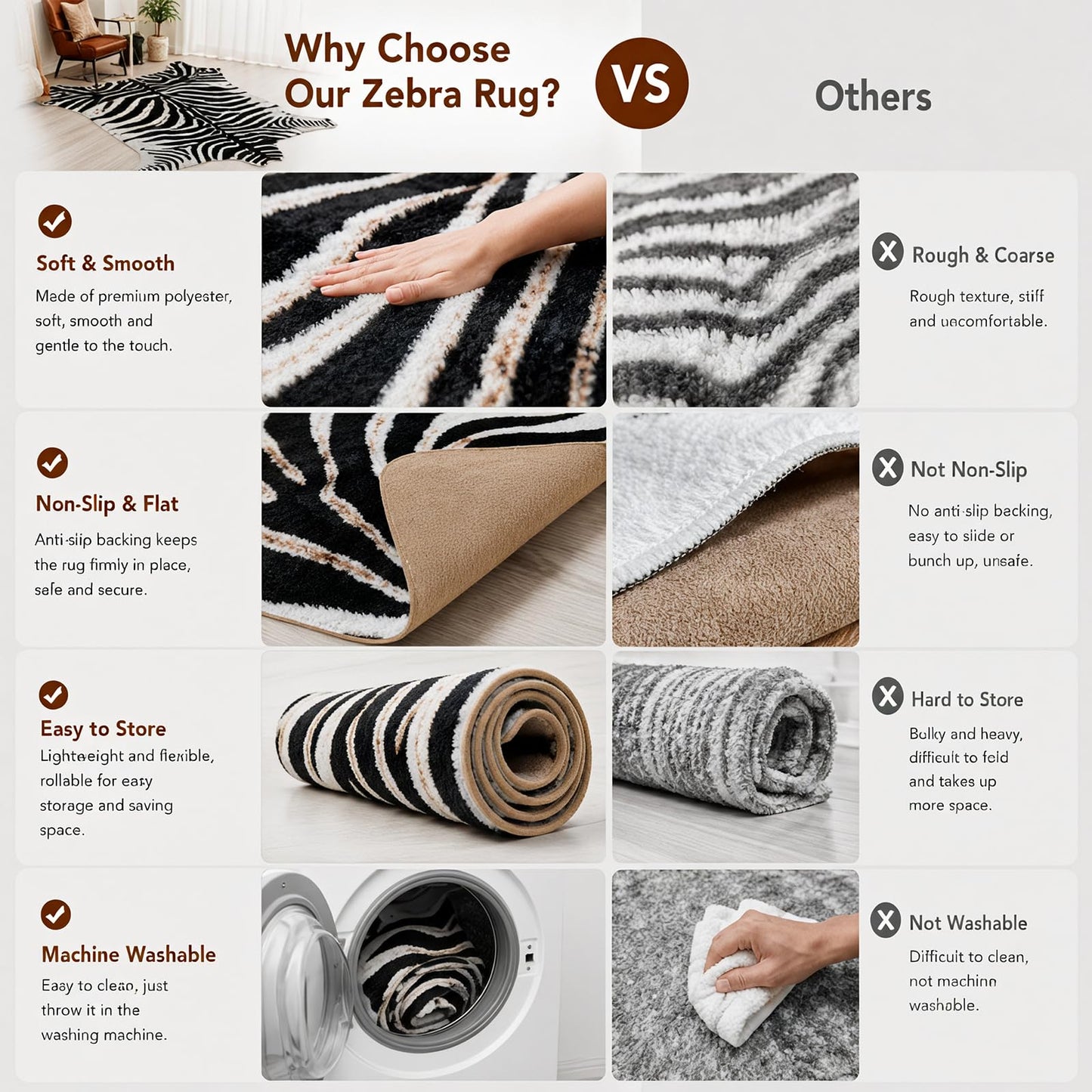 JACCAWS Faux Zebra Rug (4.6ft x 6.6ft) - Western Decor Boho Zebra Print Rugs for Living Room,Non-Slip Animal Print Rug,Black and White,Housewarming Gifts New Home