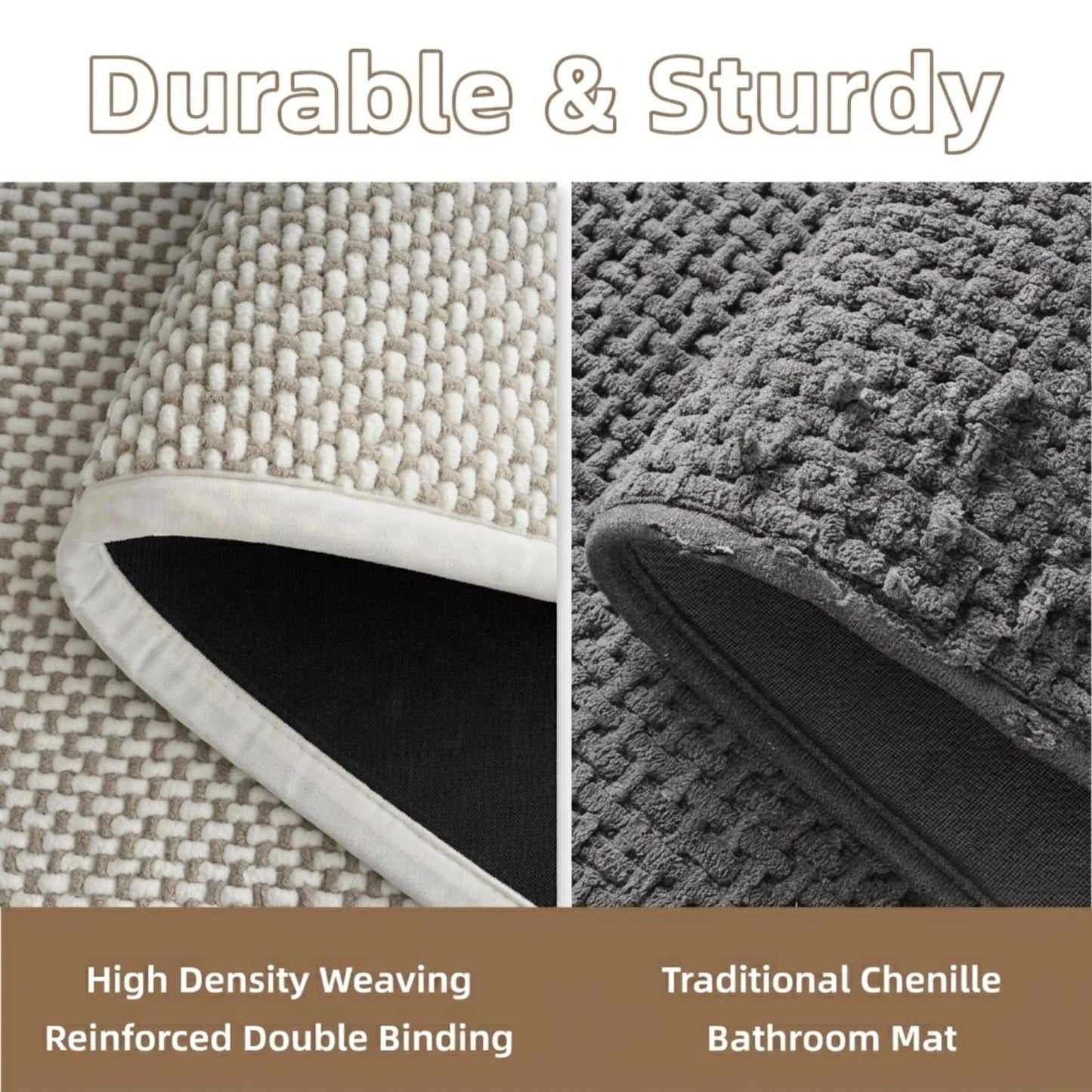 PADOOR-Bath Mat-Super Absorbent Chenille Bathroom Mats-Rubber Backed Bath Mats for Bathroom Non Slip, Easy Clean Bathroom Rugs Front of Bathtub,Shower Room,Sink-17×28, Beige&Cream