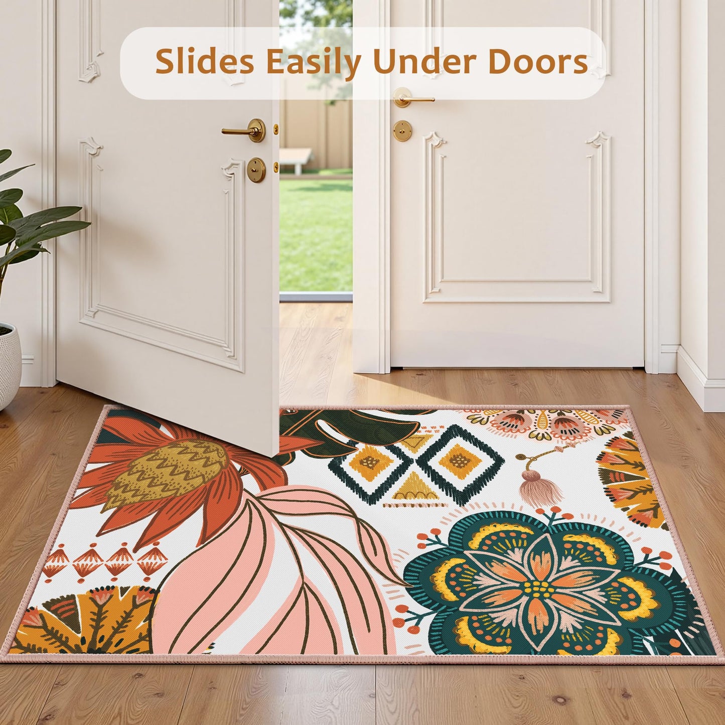Tyrot Boho Floral 2x3 Washable Kitchen & Entryway Rug Ultra-Thin Flat Woven Low-Pile Botanical Area Rug Non Slip Indoor Door Mat for Bathroom Bedroom, Blush Pink