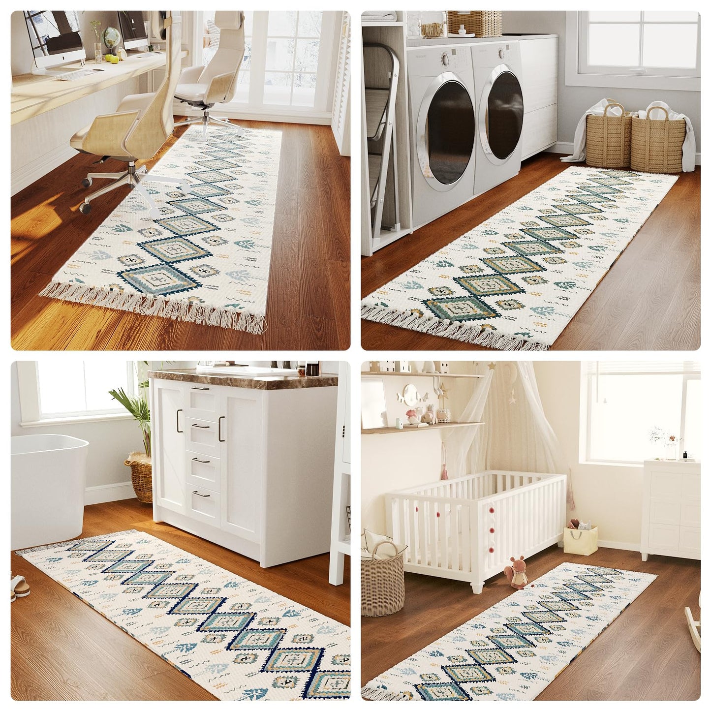 H.VERSAILTEX Handwoven 2x5 ft Boho Runner Rug with Tassels - Low Pile Easy Clean Washable Entryway Rug, Non-Slip Kitchen Runner for Hallway, Laundry Room, Corridor - Floor Mat(Blue/Tan)