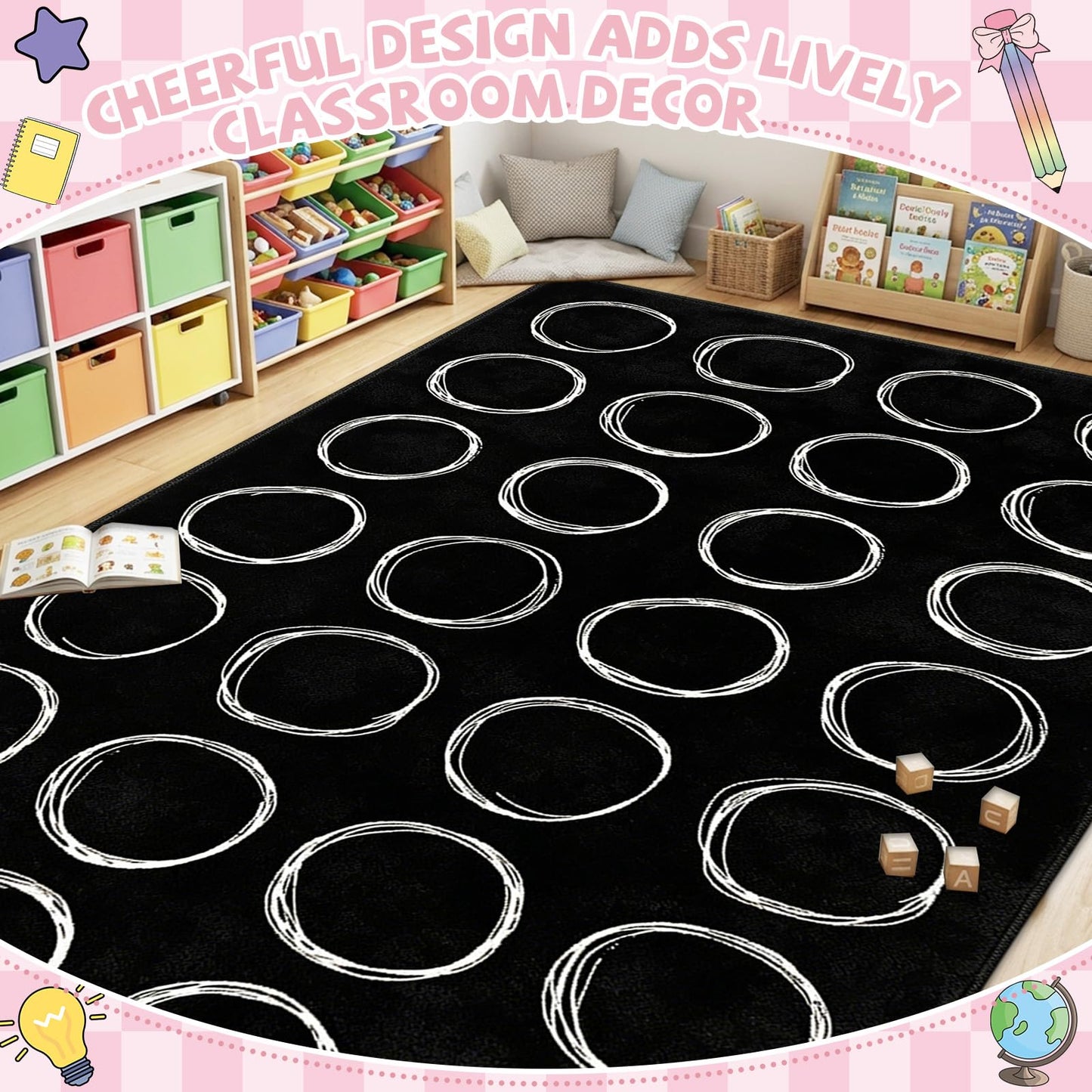 7.6x12 ft Large White Circles Abstract Classroom Rug Black and White Educational Area Mat Circle on Black Play Carpet Back to School Learning Mat for Preschool Playroom Nursery Kindergarten(Circles)