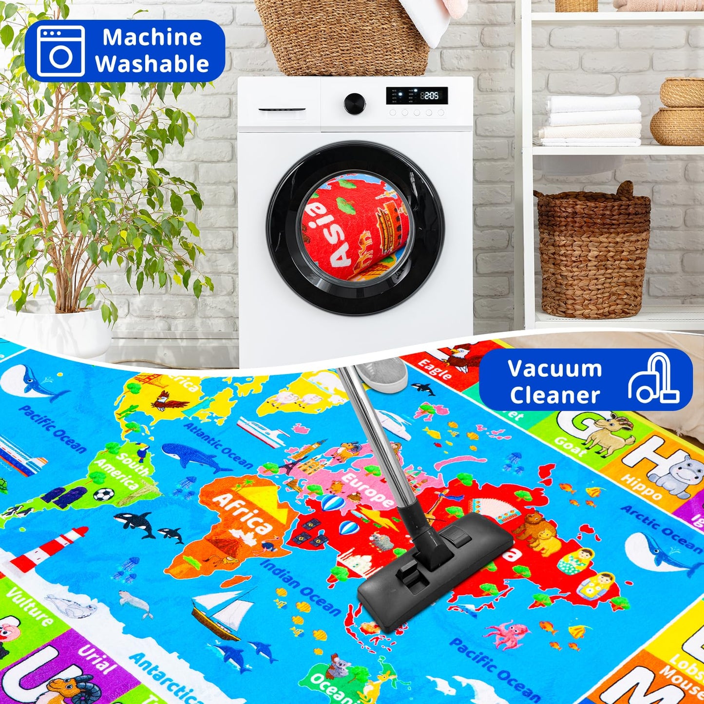 World Map ABC Kid Rug for Playroom Geography 59"×39.4" Classroom Play Carpet Educational Baby Playmat Alphabet Mat for Primary School Fluffy Ployester Non-Slip Preschool Rug for Nursery Room