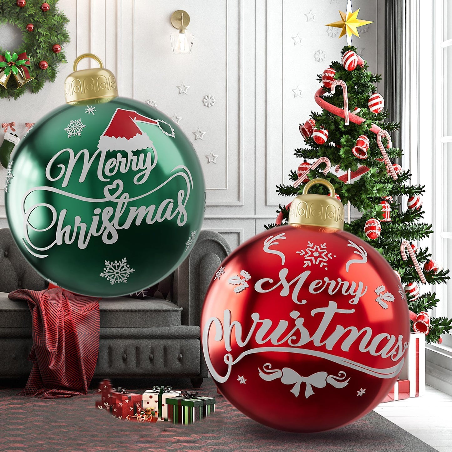 2PCS 24 Inch Inflatable Christmas Balls, PVC Large Inflatable Christmas Ornaments Blow up Ornament Ball, Blow up Ornament Xmas Decorations for Outside Holiday Yard Lawn Decor(Red Green Merrychristmas