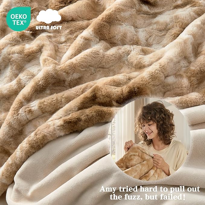 Krifey Faux Fur Throw Blanket, Super Soft Cozy Blanket, Luxury Fluffy Blanket Warm Bed Throw, Plush for Women, Marbled Beige 50" x 60"