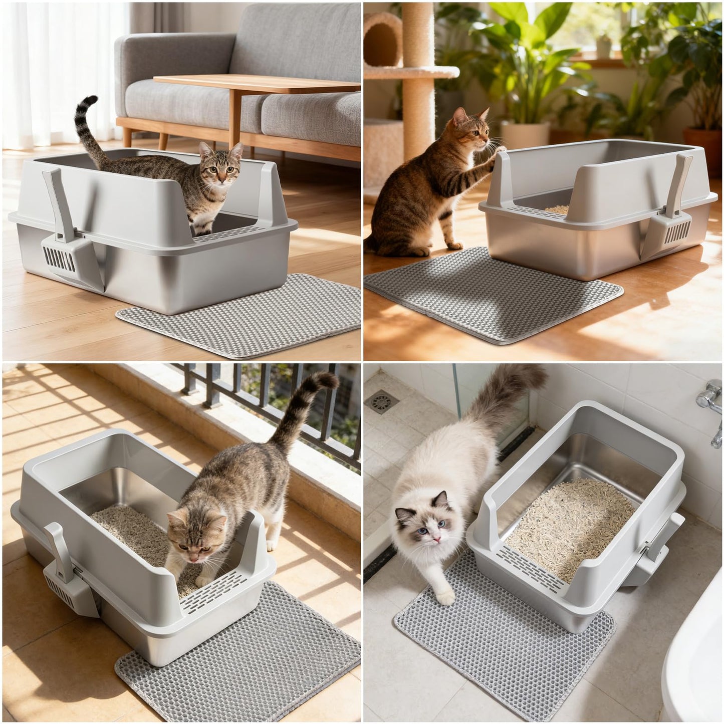 Stainless Steel Cat Litter Box, Extra Large XL Metal Litter Box with High Sides Lid, Never Absorbs Odors, Anti-Urine Leakage, Non-Sticky, Include Littter Mat & Scoop