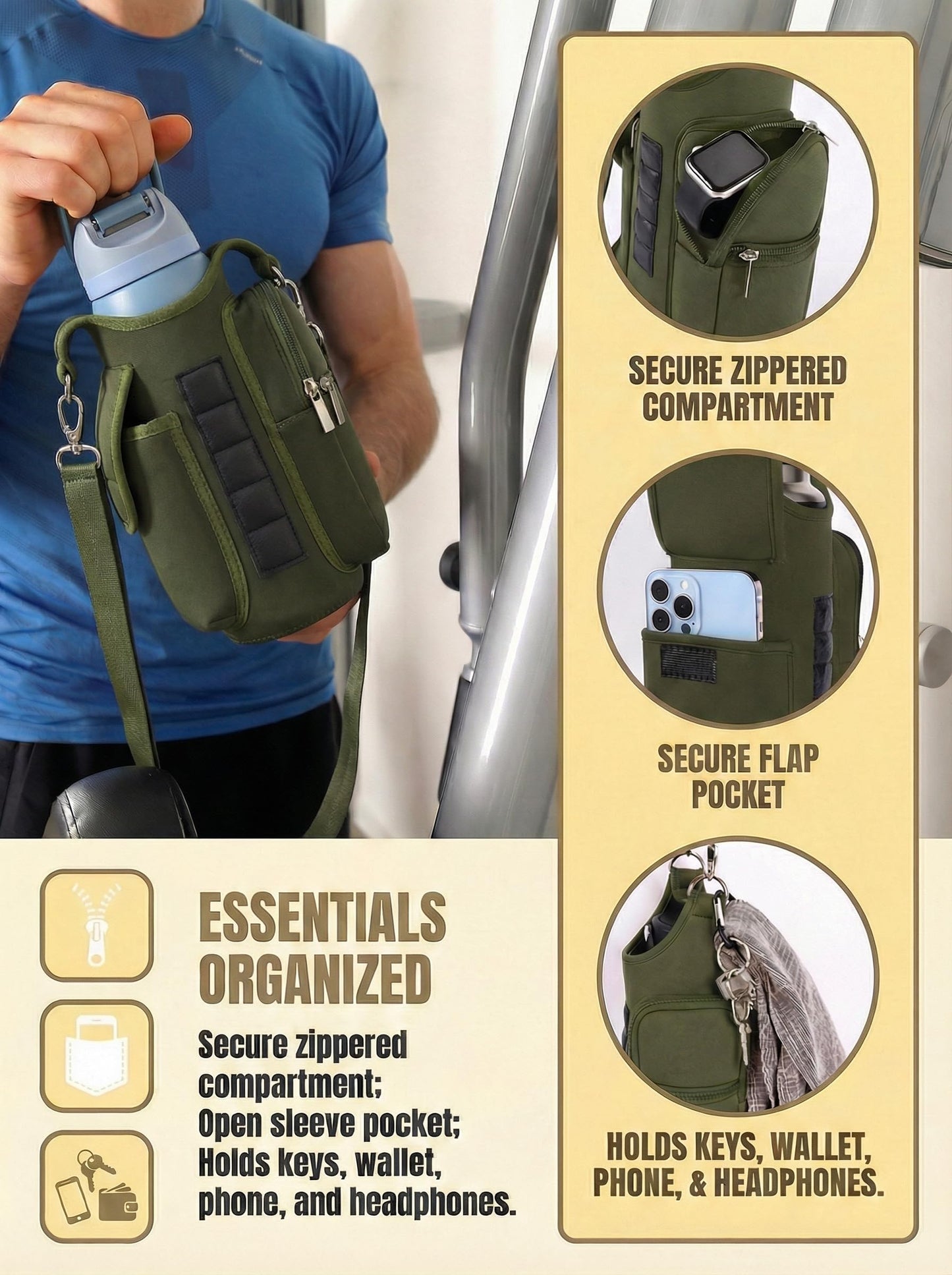 AUPET Magnetic Gym Bag for Men Women, Small Gym Bag Organizer, Crossbody Water Bottle Carrier Holder Fits 18-40oz for Workout (Dark Olive Green)