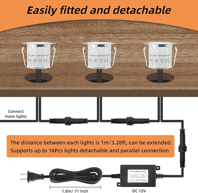 Recessed LED Deck Light Kits 16 Pack, IP67 Waterproof Outdoor Landscape In-ground Lighting, 12V Low Voltage Deck Lighting for Garden,Yard,Patio,Step,Stair,Floor Decoration.