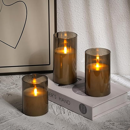 Upinmz Grey Acrylic Flameless Candles with Remote Control and Timers，Battery Operated Candles，LED Pillar Candles with Dancing Flame ，for Home Decorations ，Set of 3