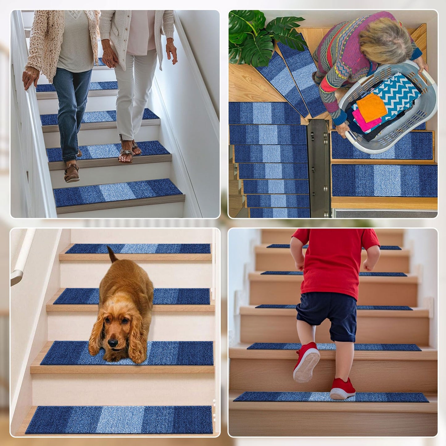 OLANLY Stair Treads Non Slip 15PCS, 8" x 30" Indoor Stair Runners for Wooden Steps, Edging Stair Rugs with Reusable Peel and Stick Adhesive for Kids Elders and Pets, Navy