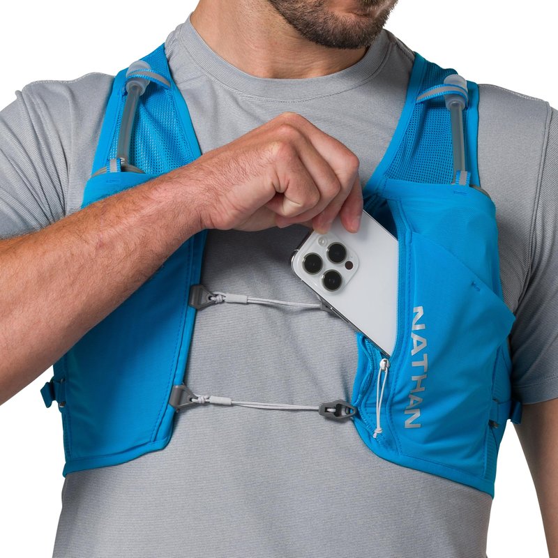 Nathan Unisex Hydration Vest - Lightweight, Quick-Fit Size Adjustment, Details, Includes Two 14oz Hydrapak Flasks, 4L Storage, Six Pockets for Running Essentials,Pinnacle Breeze, Electric Blue, L-XL
