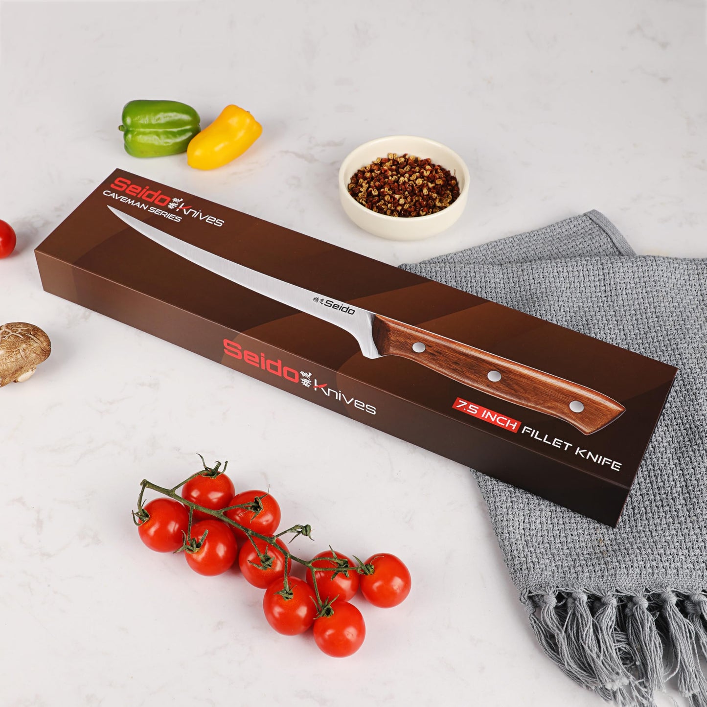 Seido Knives Caveman 7.5" Fillet Knife – Flexible Stainless Steel Blade with Rosewood Handle & Leather Sheath