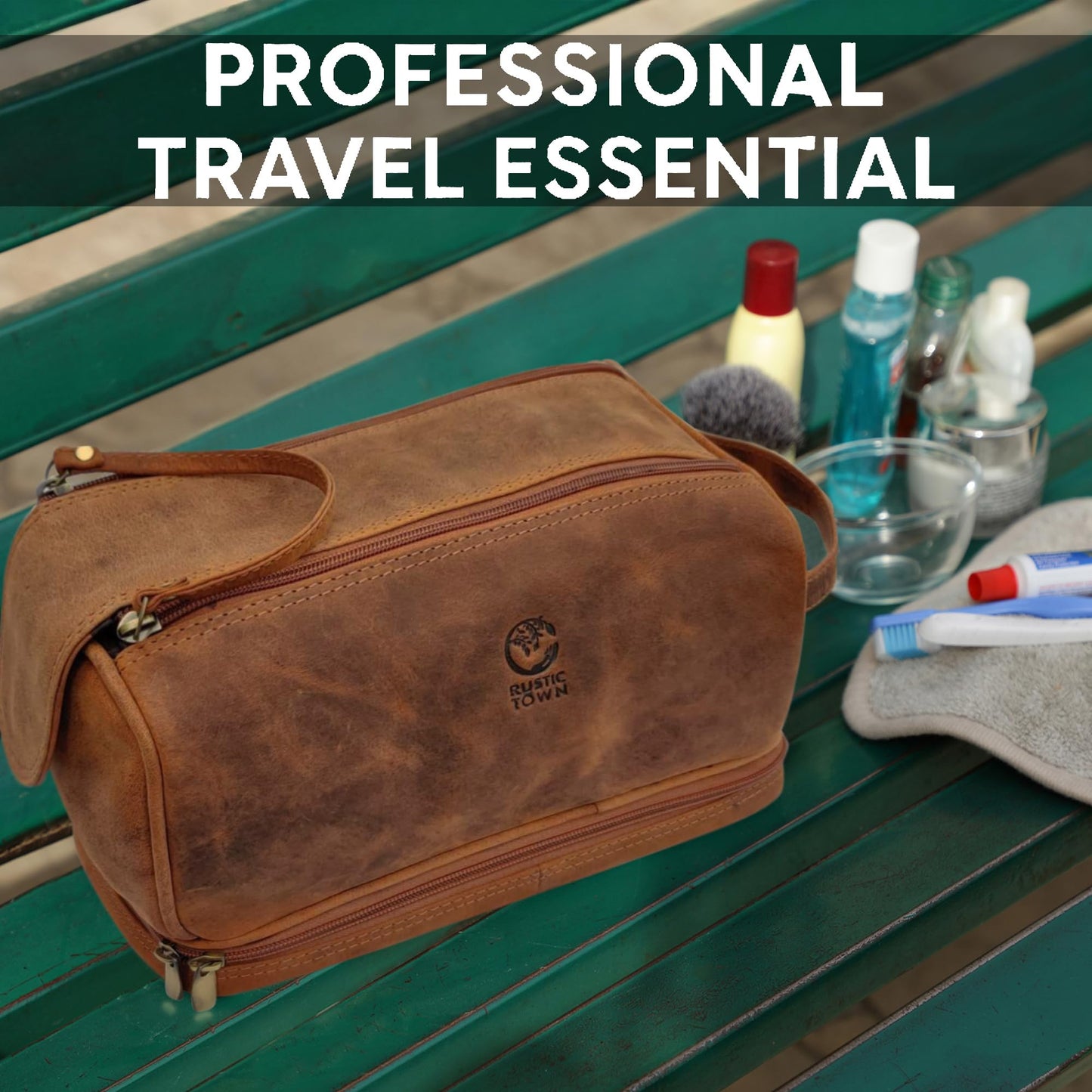 Leather Toiletry Bag for Men - Travel Shaving Dopp Kit - Bathroom Shower Toiletries Organizer - Cosmetic Makeup Bag for Women