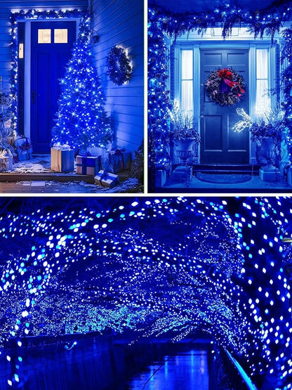 Solar Christmas Lights Outdoor Decorations Waterproof, Tatal 4 Pack 400LED 132FT Blue Solar String Lights Green Wire with 8 Modes, Christmas Fairy Light for Xmas Tree Party Wedding Yard Garden Decor