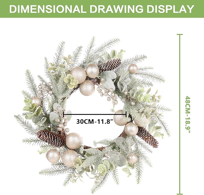 Super Holiday Christmas Wreath, 19Inch Artificial Winter Wreaths for Front Door Decorations with Wreath Hanger, for Indoor Outdoor Home Hoilday Party Xmas Wall Decor - Champagne