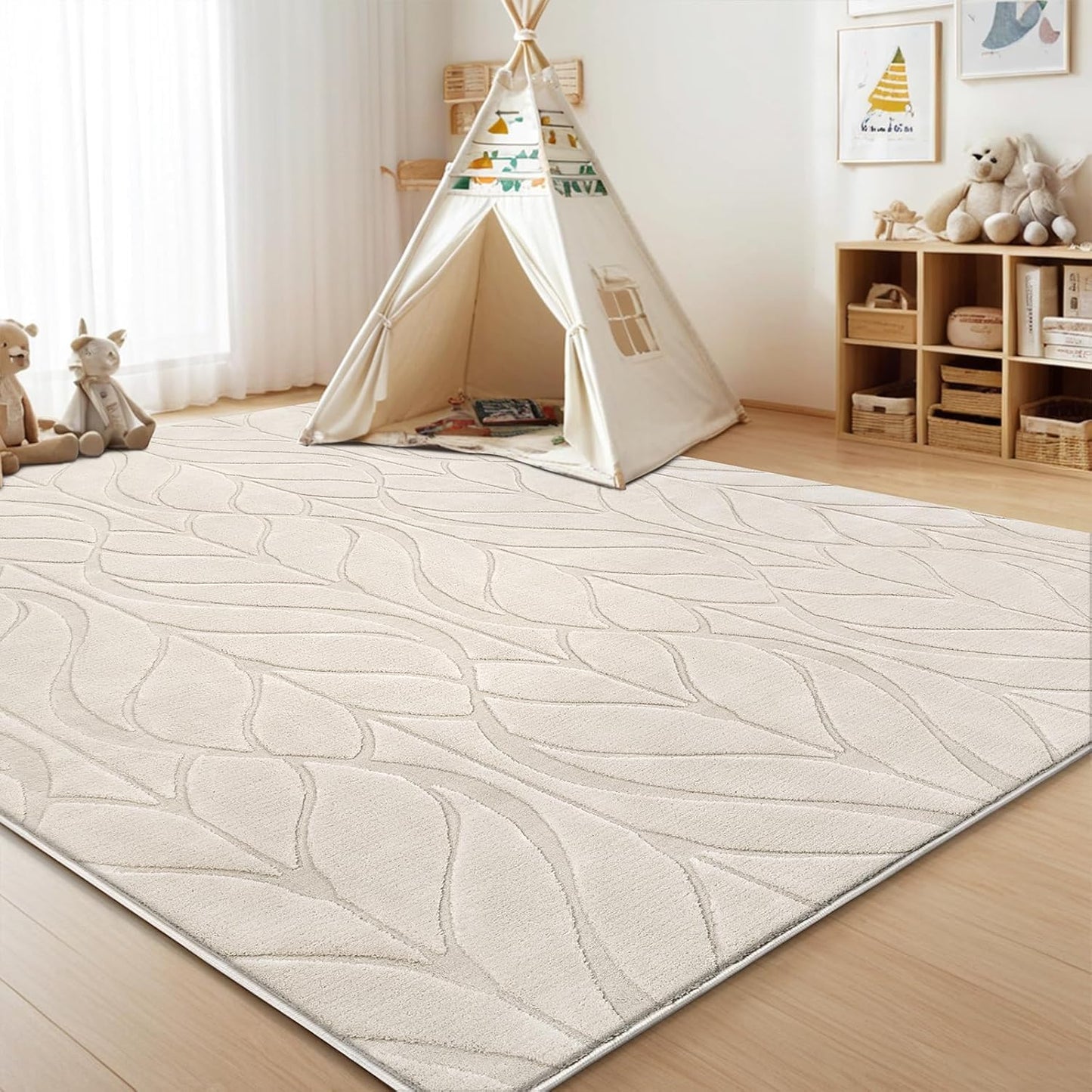 SHACOS Soft Area Rug for Bedroom 4x6 Beige, Washable Non Slip Indoor Rug for Entryway, Fluffy Rugs Carpet for Living Room Kids Nursery Room, Home Decor Aesthetic - Leaf Pattern Design